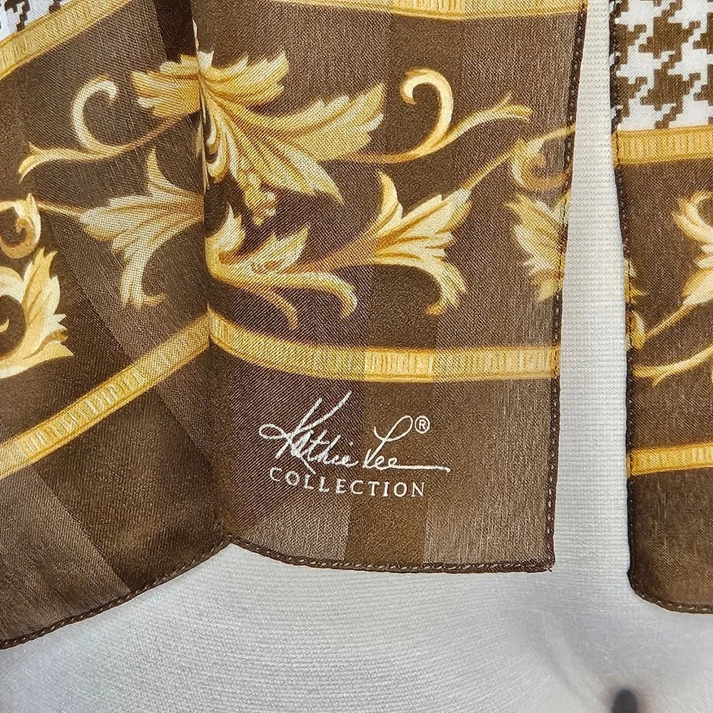 Kathie Lee Collection Scarf‎ Brown Gold Houndstooth Baroque Scroll Print Vintage